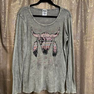 Vocal USA Green Southwestern Rhinestone Cow Skull Graphic Top 1XL